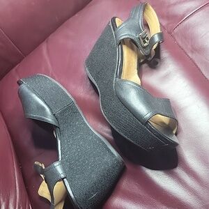 Clarks artesian. Black Wedge Sandal.  9